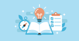 A lightbulb, open book, compass and checklist board