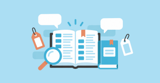 An open glossary book with a magnifying glass, blank speech bubbles and hanging tags