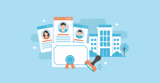 Three profile cards, an office building, a certificate and a rubber stamp