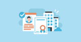 A profile card, ribboned certificate, office building and checkmark badge