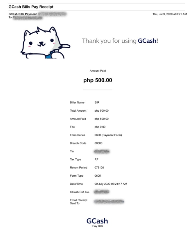 GCash Receipt for Paying BIR Form 0605