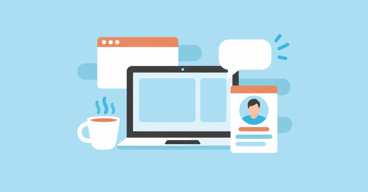 A laptop, coffee cup, profile card, browser window and speech bubble
