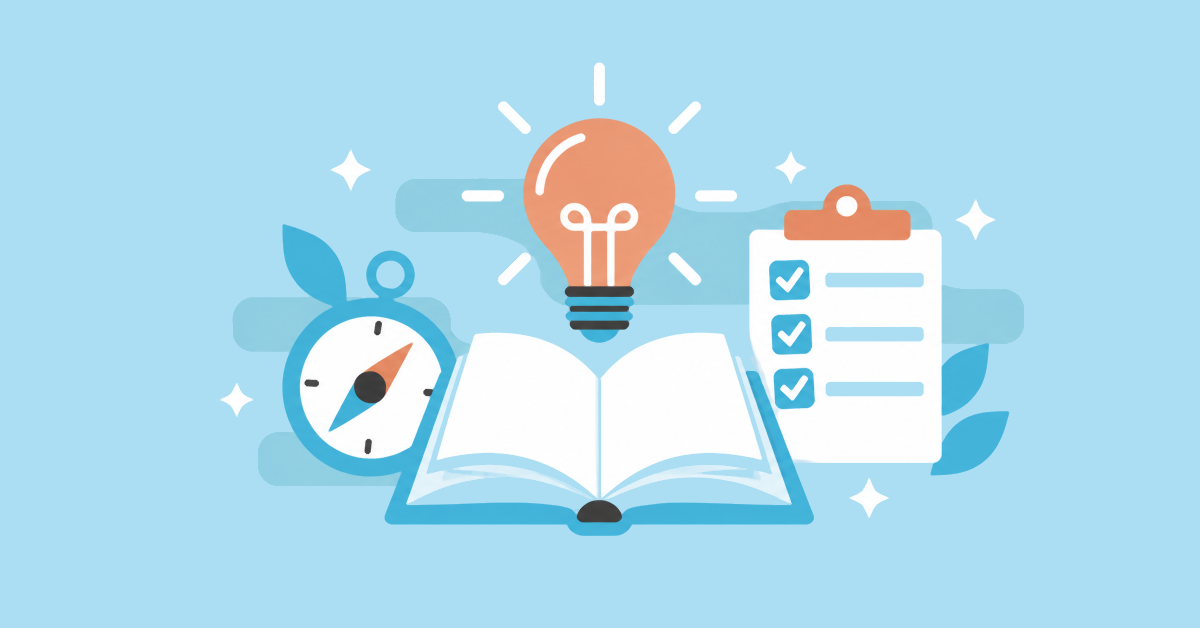 A lightbulb, open book, compass and checklist board