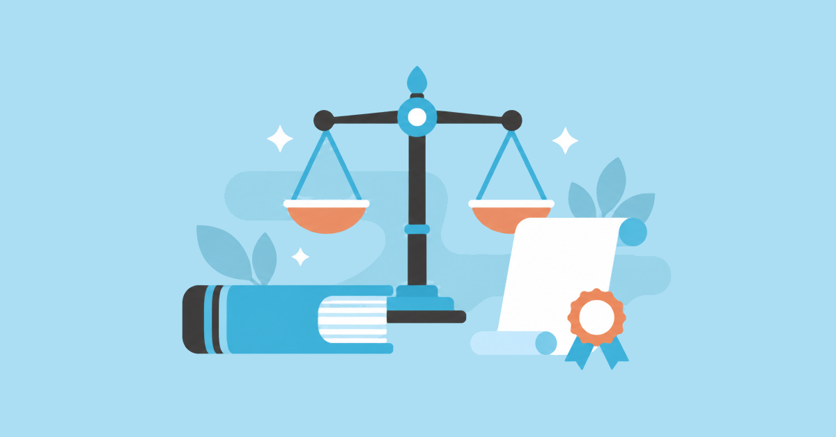 Scales of justice, a rule book, scroll and plain seal