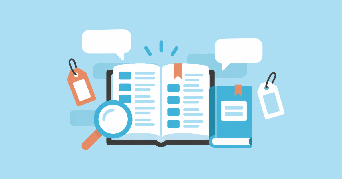 An open glossary book with a magnifying glass, blank speech bubbles and hanging tags