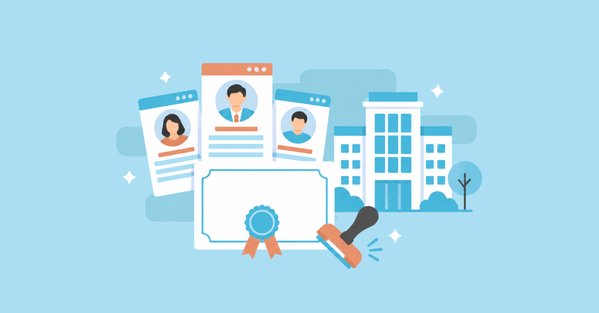 Three profile cards, an office building, a certificate and a rubber stamp